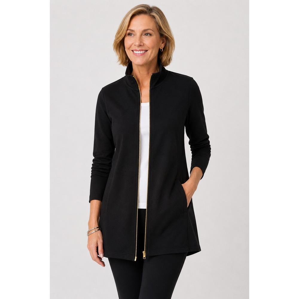 Chico's Weekends Cotton Span Zip Jacket Black Travel Athleisure Stretch Size 0 S